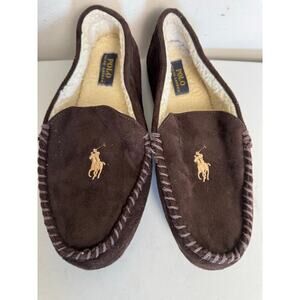 EUC Polo Ralph Lauren Dezi With Gold Polo Pony Brown Men's Fleece slippers SZ 11